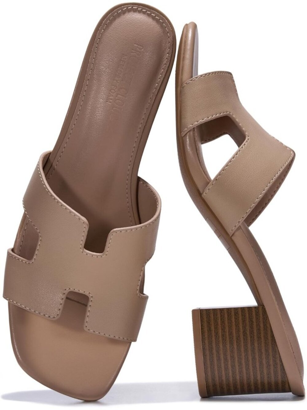 Women's Nude Genuine Leather Heeled Sandals Memory Foam Insole Block Heels